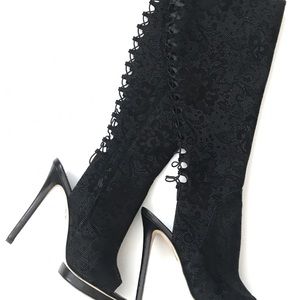 B Brian Atwood BF Charlette Peep Toe Black Lace Boots